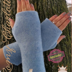 Super soft women's cuffs, arm warmers, gloves, wrist warmers made of wool walk wool: Merinoart color light blue bestseller image 1