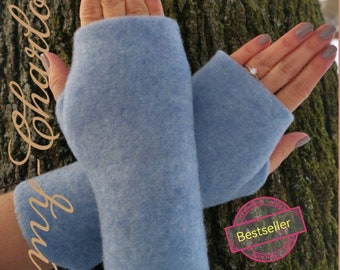 Super weiche Damen Stulpen, Armstulpen, Handschuhe, Pulswärmer aus Wollwalk (Wolle: Merinoart) Farbe hellblau **Bestseller**