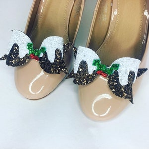 Christmas Pudding Bow Shoe Clips / Glitter Bow/ one pair.