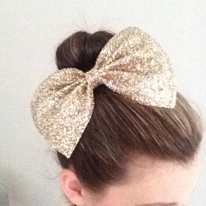 Maxi Gold Hair Bow / Glitter Bow / Gold Glitter Bow / Glitter Fabric Bow / Headband / Sparkly Hair Clip / Bow Hair Clip image 1