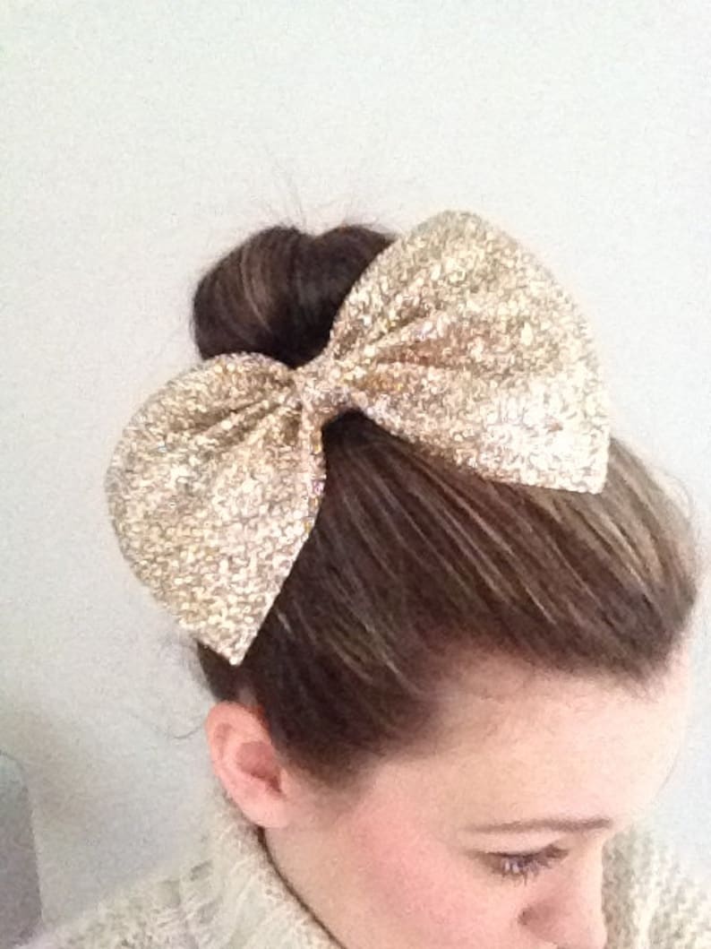 Maxi Gold Hair Bow / Glitter Bow / Gold Glitter Bow / Glitter Fabric Bow / Headband / Sparkly Hair Clip / Bow Hair Clip image 1