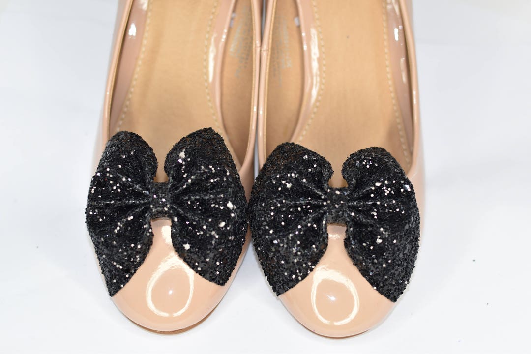 Pair of Black Glitter Bow Shoe Clips, Black Glitter Bow, Shoe Clip