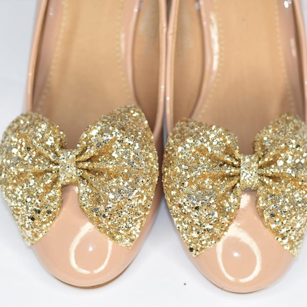 Pair of Gold glitter bow shoe clips, gold glitter bow, shoe clip, handmade shoe clips, glitter gold material, pair of  bow shoe clips