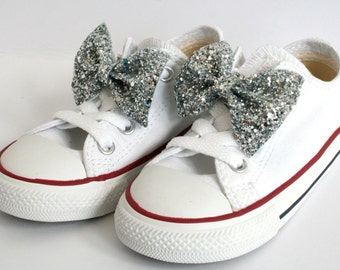 Glitter Bow Shoe Clip mini, Pair of silver glitter bow shoe clips,  shoe clip, handmade shoe clips, bow shoe clips