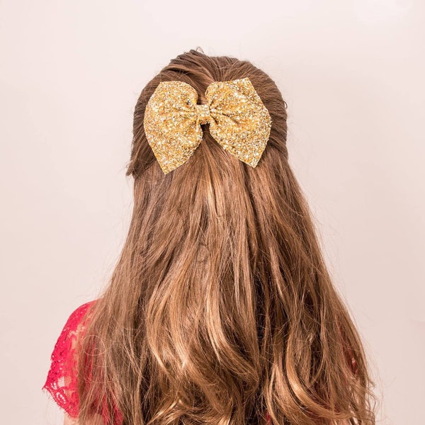 Light Gold Glitter Hair Bow /  Glitter Bow / Gold Glitter Bow /  Glitter Fabric Bow / Headband / Sparkly Hair Clip /  Bow Hair Clip