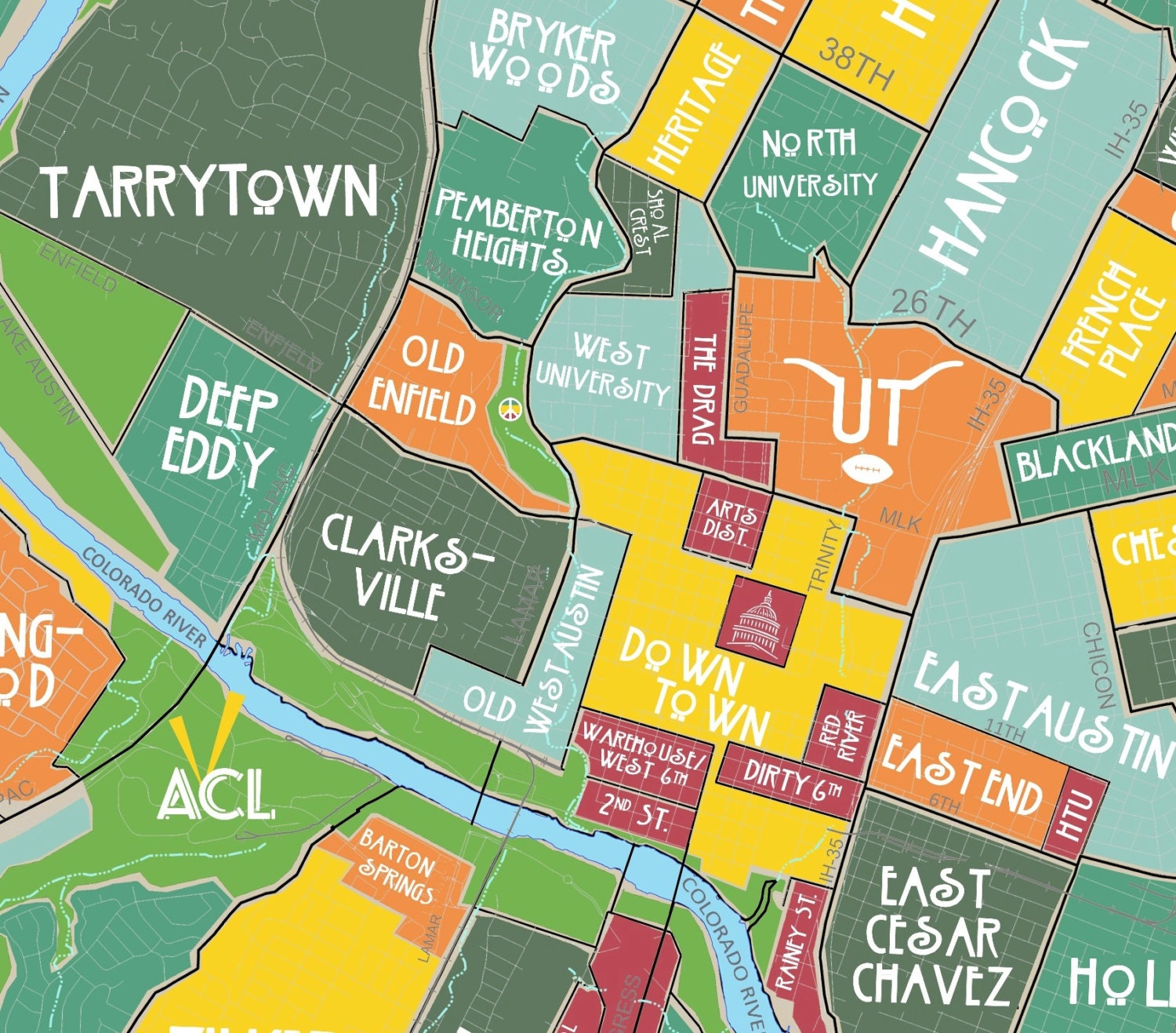 Original Neighborhoods of Austin Map // Austin Texas Print  Etsy