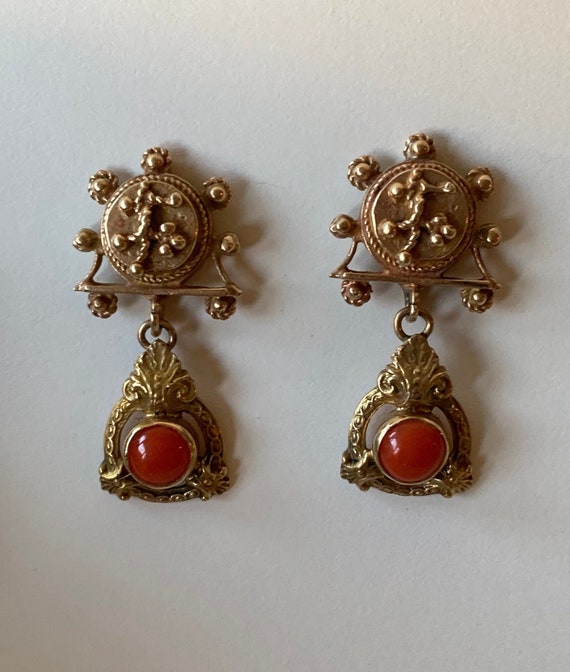 Unique 14K Gold and Red Coral Earrings/Yellow Gold