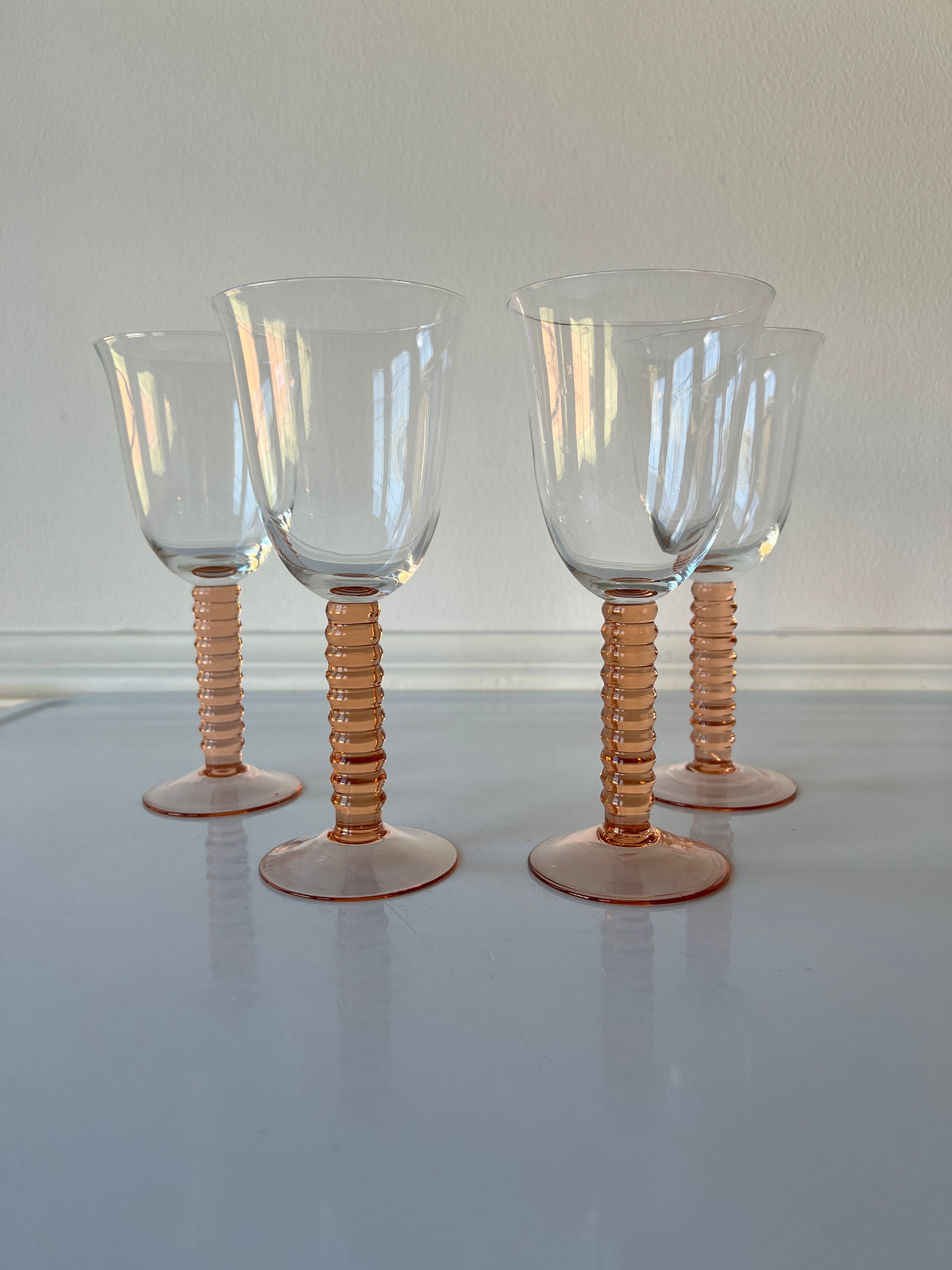 7 Inch Tall Clear and Pink Ribbed Stem Wine Glass Set of -  in 2023
