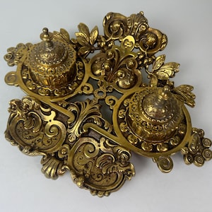 Antique Ornate Brass Inkwell Holder Desk Kit/Antique Brass Desk Organizer