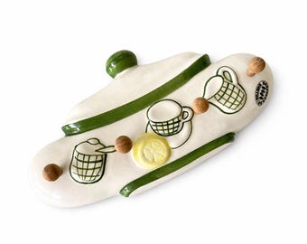 Vintage Ceramic Wall Hook Rack Kitchen Utensil Design w/ Wooden Pegs Lemon Accent Cottage Farmhouse Decor Hanging Organizer