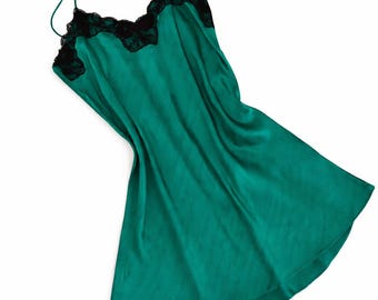 Vintage Victoria’s Secret Gold Label Silk Slip Dress Small Emerald Green Black Lace Trim 90s Lingerie