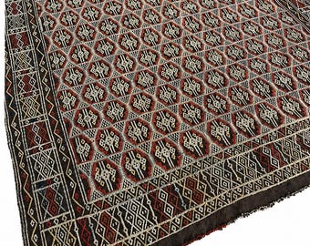 Vintage Geometric Handwoven Rug 64x53 Boho Global Style Flatweave Kilim Wool Area Rug Red Black Ivory Graphic Pattern