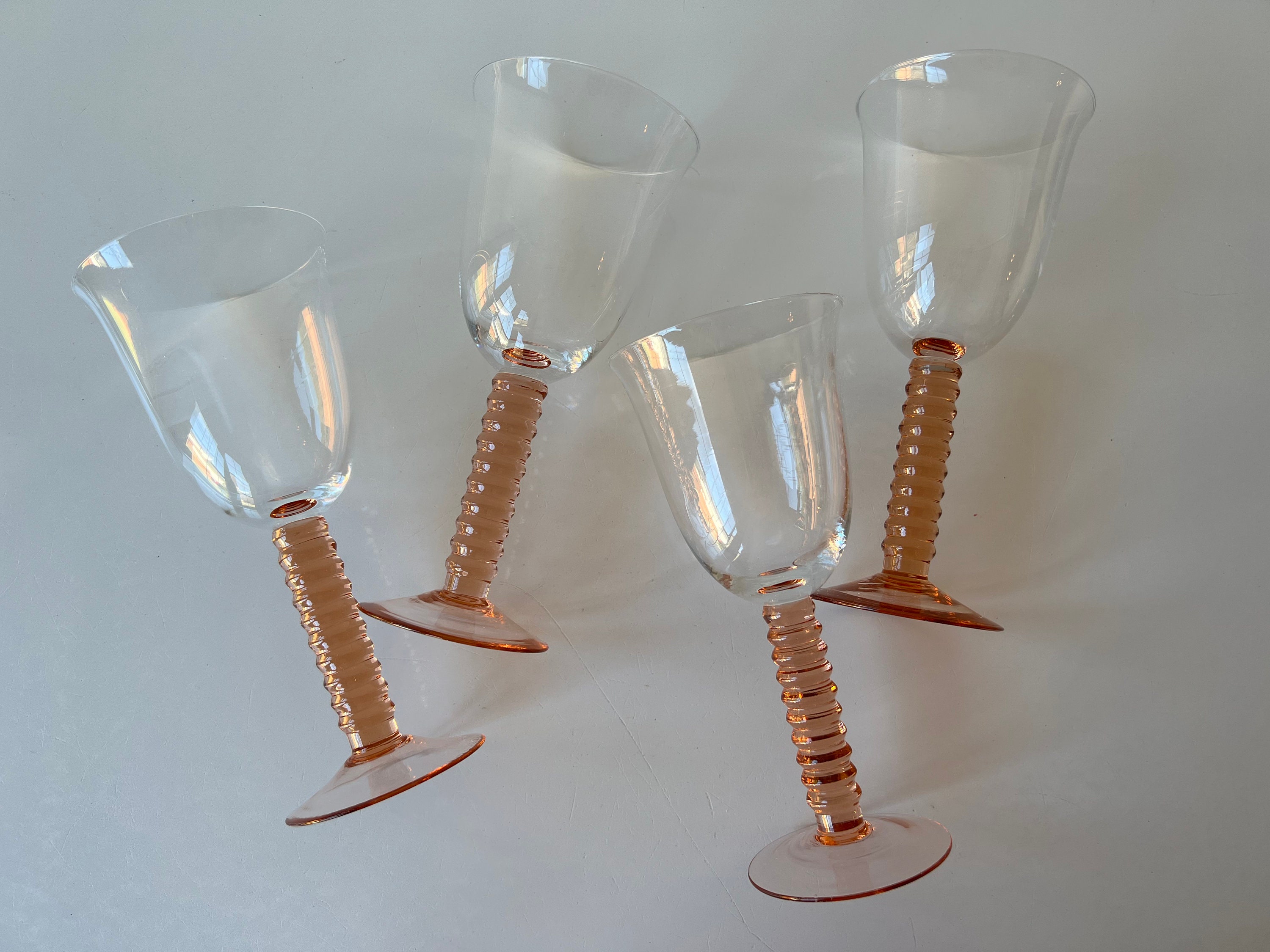 7 Inch Tall Clear and Pink Ribbed Stem Wine Glass Set of -  in 2023