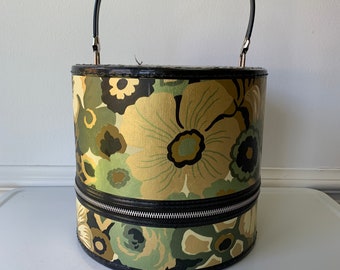 Yellow Gold Green Black Mod Floral Hat Box/Wig Box/Train Case/Small Luggage/Mid Mod Luggage/Lightweight Luggage