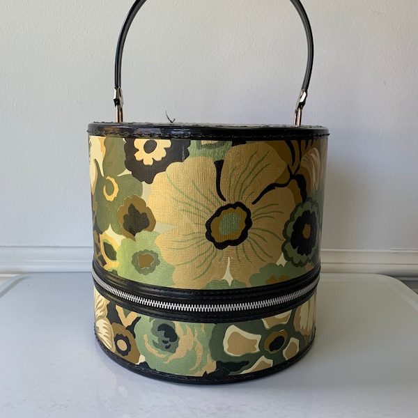 Yellow Gold Green Black Mod Floral Hat Box/Wig Box/Train Case/Small Luggage/Mid Mod Luggage/Lightweight Luggage