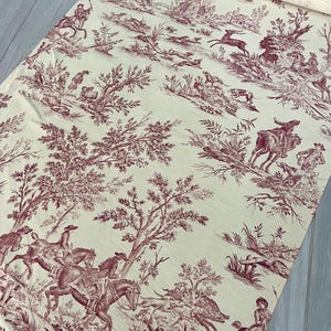 ONE YARD Antique French Toile Fabric Red Deep Pink Hunt Scene Cottage Dogs Horse/Antique French Toile Fabric YARD