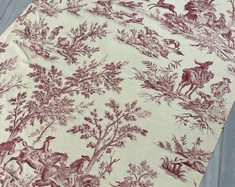 ONE YARD Antique French Toile Fabric Red Deep Pink Hunt Scene Cottage Dogs Horse/Antique French Toile Fabric YARD
