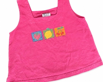 Vintage Fresh Produce Pink Fruit Tank Top Small Textured Cotton Strawberry Lemon Cherry