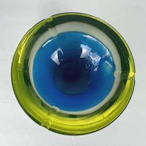 MCM Murano Glass Geode Ashtray Uranium Glass/Stunning Glowing Blue Yellow Geode MCM Ashtray Murano Glass