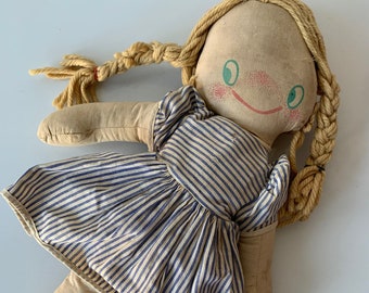 Vintage/Antique Cloth Doll with Braided Pigtails/Sweet Early Doll Pigeon Toed with Stripe Dress - G