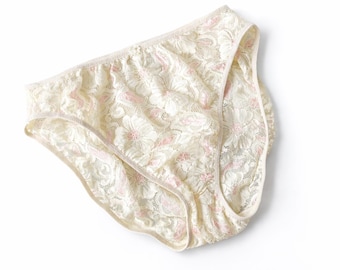 Braguitas de bikini vintage de encaje de Victoria's Secret • Lencería transparente con estampado floral color crema • Años 90 Y2K - Q