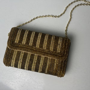 Vintage Gold Beaded Evening Shoulder Purse/Vintage Gold Seed Bead Evening Bag - DD