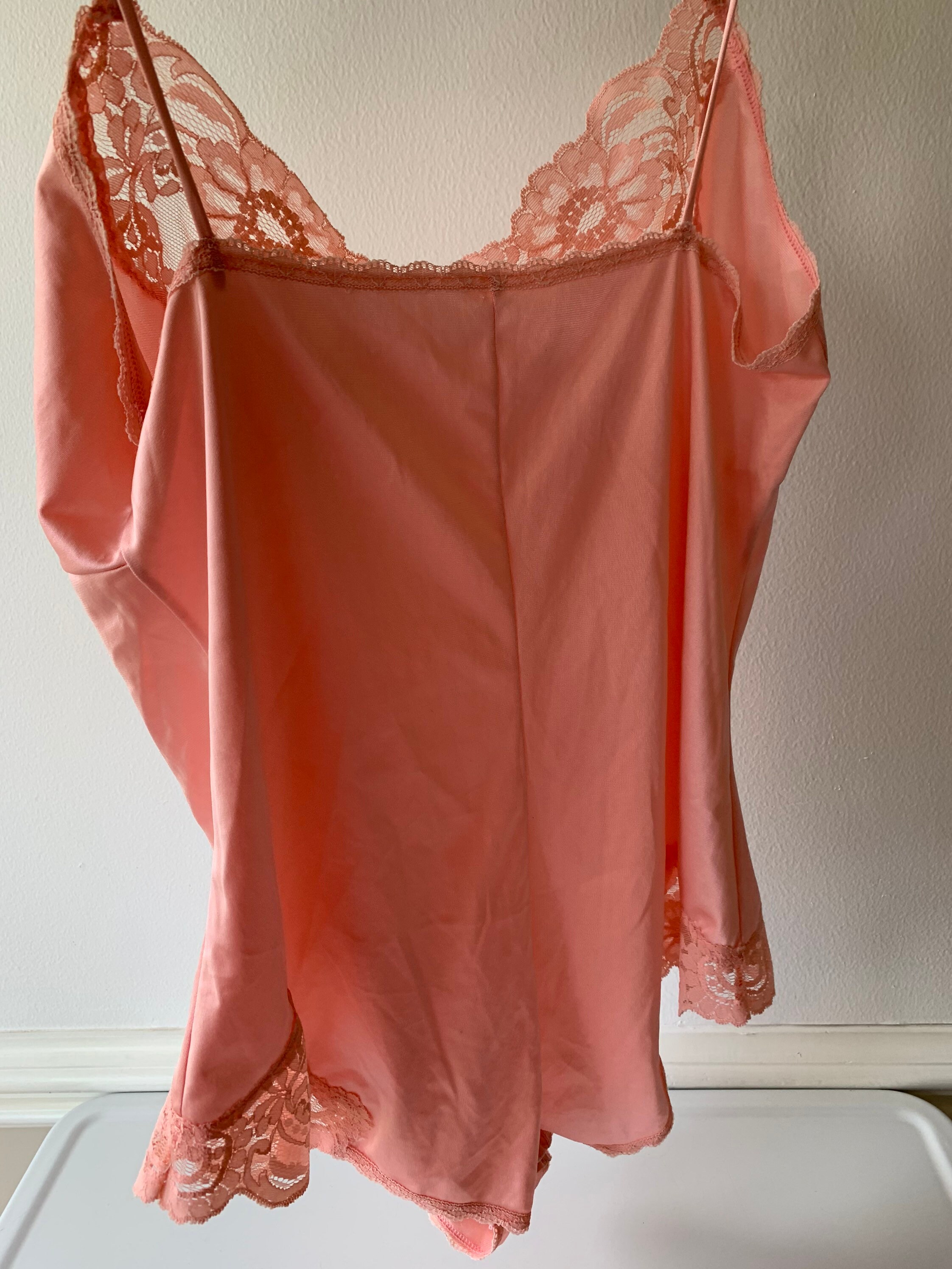 Pink Thread Teddy Beautiful Simple Pink One Piece Teddy/vintage Pinky Pink Lace Edge ...