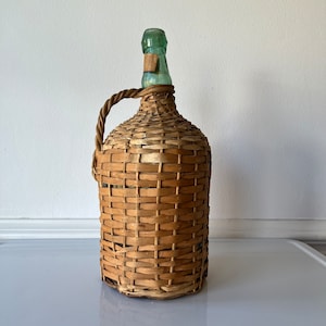 14 Inch Wicker Wrapped Rattan Green Demijohn Wine Bottle with Handle - V