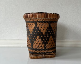 Vintage to Antique Tribal Tiruray Basket/Vintage to Antique 6 Inch Tribal Black and Brown Geometric Woven Basket or Planter - K