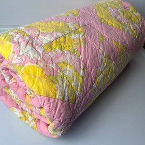 Nice Yellow and Pink 1940s Block Construction with Secondary Pattern Handmade Antique Quilt - G
