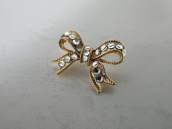 Vintage Gold Tone Rhinestone Bow Pin, Holiday Brooch