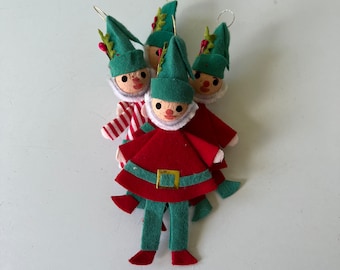 Vintage 5 Inch Skinny Elf Styrofoam Felt Ornament Set of 4/Vintage Elf Ornament Set/Vintage Taiwan Elf Ornament Kitschy - Christmas 1