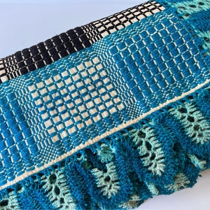 Vibrant Early American Loom Woven Black and Teal Wool Edge Coverlet 86x64 - EE