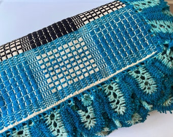 Vibrant Early American Loom Woven Black and Teal Wool Edge Coverlet 86x64 - EE