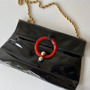 Great Patented Leather and Bakelite Style Closure Clutch/Shoulder Bag/Vintage Black Clutch - O