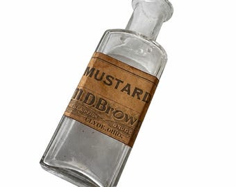 Antique Apothecary Glass Bottle MUSTARD Label | M.D. Brown Clyde Ohio Drugstore | Vintage Pharmacy Jar | Primitive Decor Collectible