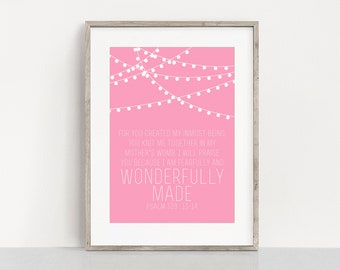 INSTANT DOWNLOAD!!! "Fearfully & Wonderfully Made" Bible Verse, Pink, Jesus, wall art, Christian, print at home, Baby, Nursery, Newborn