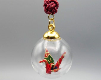 Necklace - Origami Crane in a glass globe - red+gold