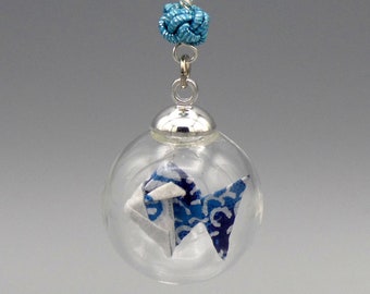 Necklace / Origami Fish in a glass globe / blue&white fish + stainless steel silver chain