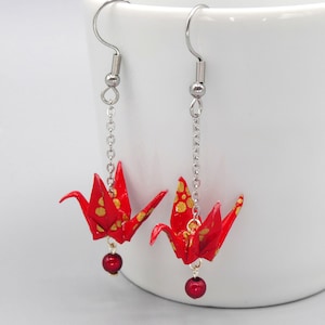 Earrings Origami crane / red + gold