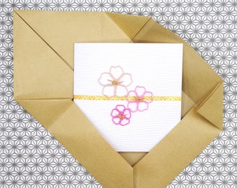 Greeting card - Sakura (cherry blossoms) in Mizuhiki (Japanese paper cord) - with Origami kraft paper envelope