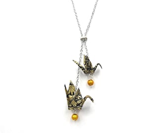 Origami Crane Necklace Japanese paper - black + gold