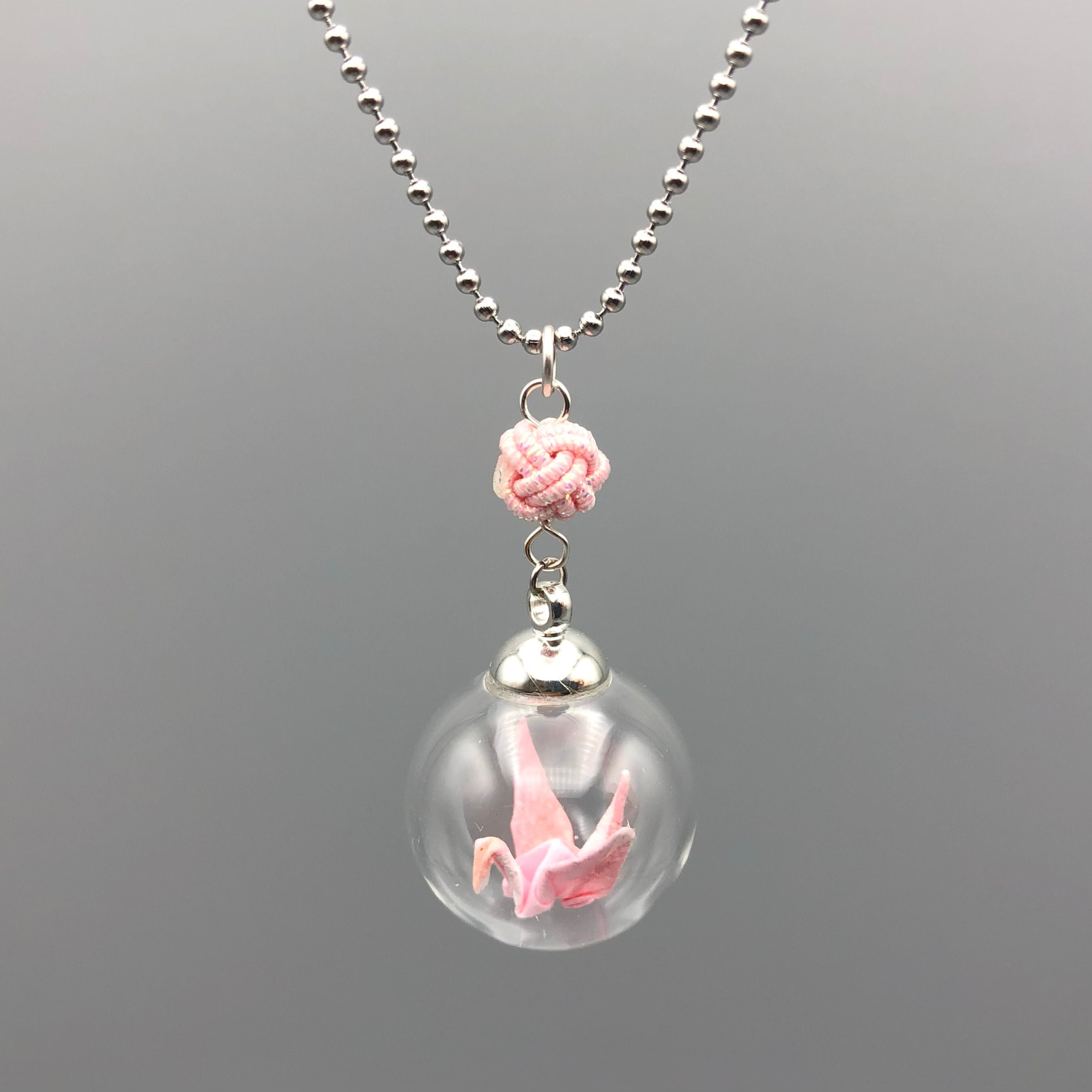Long necklace / Origami crane in a glass globe / pink crane + silver chain