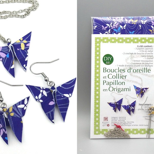 DIY KIT Bijoux en Origami / Boucles d'oreille et Collier Papillon / Papier japonais Washi Yuzen / bleu