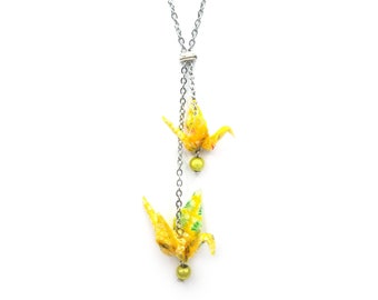 Origami Crane Necklace Japanese paper - yellow