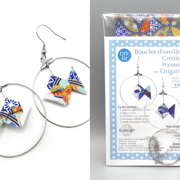 KIT / Boucles d’oreilles Créole Poisson en Origami / bleu