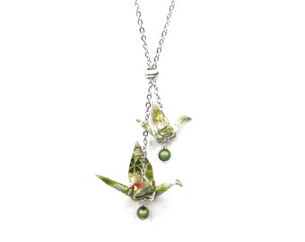 Origami Crane Necklace Japanese paper - green