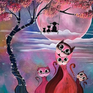 Papier de riz pour découpage Scrapbook Craft Colorful Pink Cats Nature Moon Tree A4 Feuille 1122