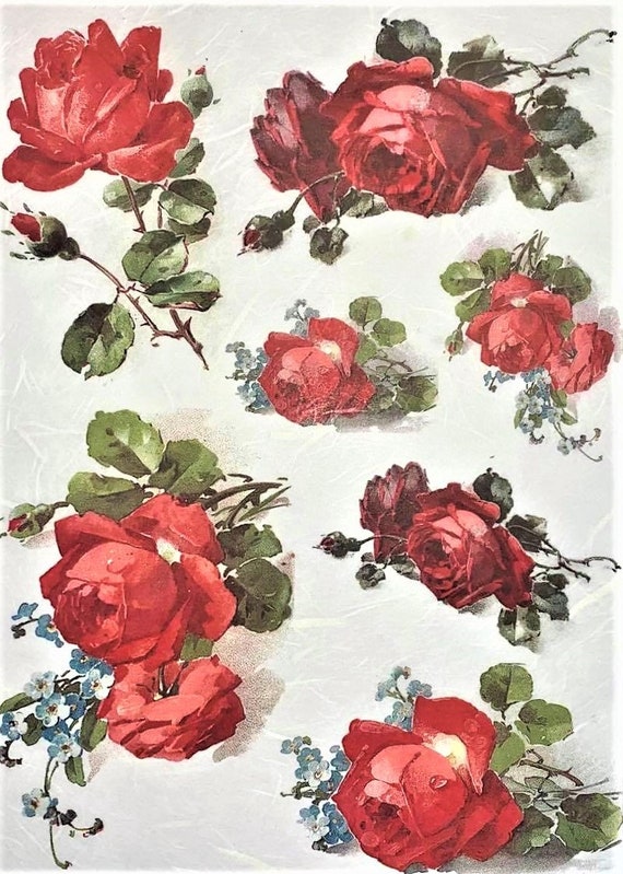 Red roses on black Rice Paper for Decoupage Scrapbook Craft Sheet 