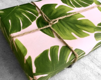 Monstera Leaves Gift Wrap, fine wrapping paper, all occasion, flat sheet paper, illustrated palm leaves